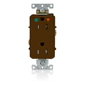 Decora Plus Duplex Receptacle, Tamper-resistant, Hospital Grade, Isolated Ground, 2-Pole 3-Wire Grounding, NEMA 5-15R, 15A-125V   Back And Side Wired, Brown. 1-Piece Ground.