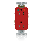 Decora Plus Duplex Receptacle, Tamper-resistant, Hospital Grade, Isolated Ground, 2-Pole 3-Wire Grounding, NEMA 5-15R, 15A-125V   Back And Side Wired, Red. 1-Piece Ground.