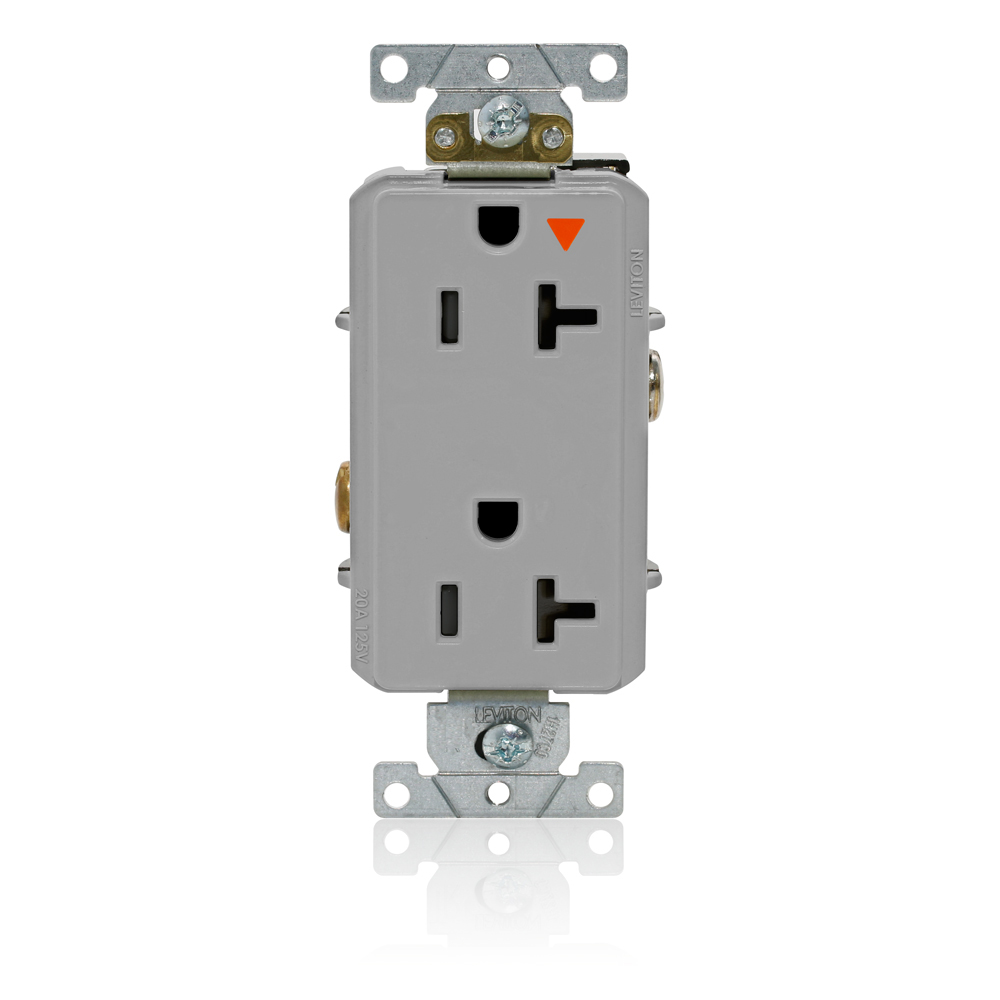 Decora Plus Isolated Ground Duplex Receptacle Outlet, Heavy-Duty Industrial Specification Grade, Smooth Face, 20 Amp, 125 Volt, Back or Side Wire, NEMA 5-20R, 2-Pole, 3-Wire, Self-Grounding - Gray