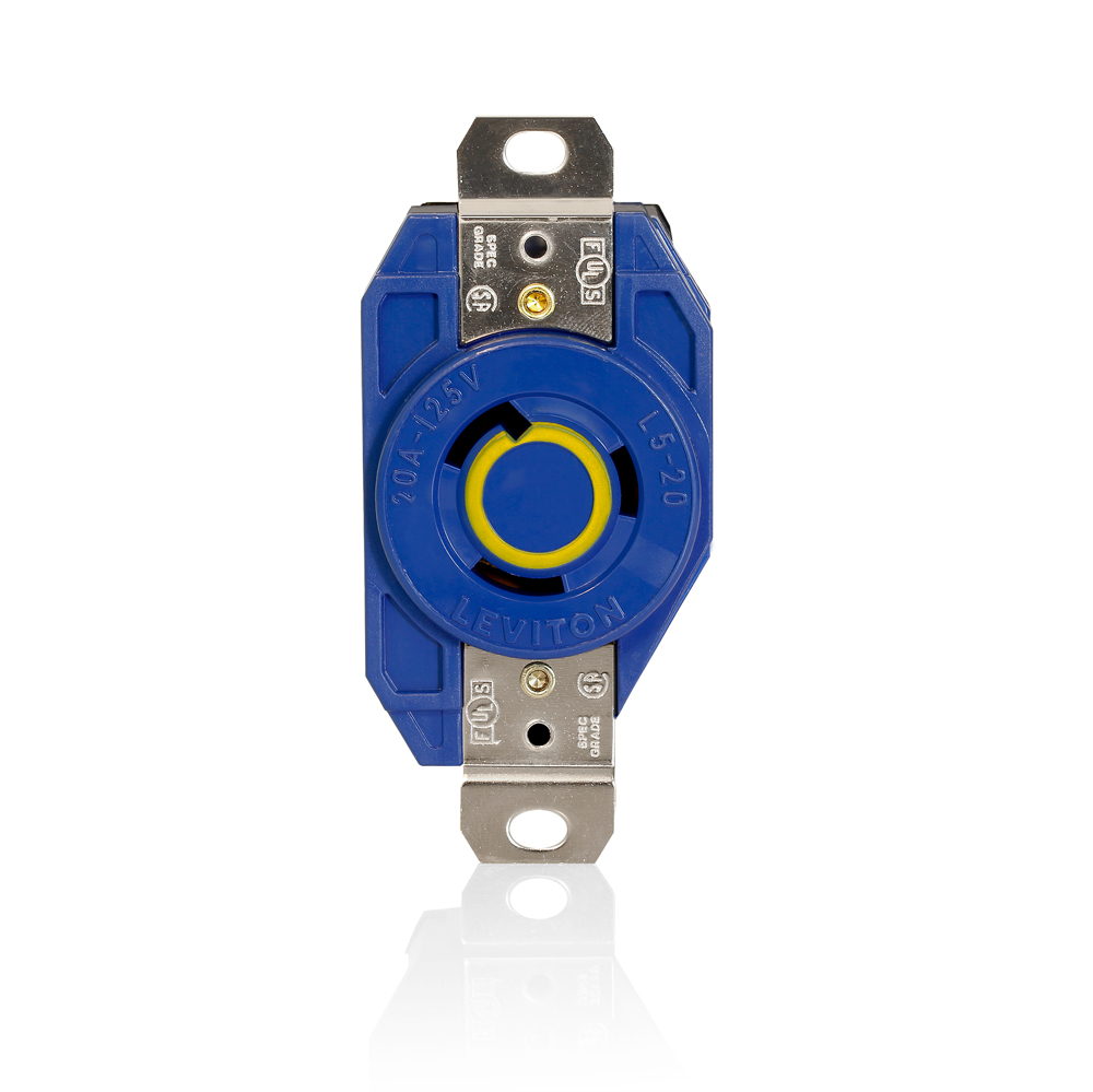 20 Amp, 125 Volt, NEMA L5-20R, 2P, 3W, Flush Mtg Locking Receptacle, Industrial Grade, Grounding, V-0-MAX - Blue