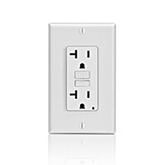 20 Amp, 125 Volt Receptacle/Outlet, 20 Amp Feed-Through, Self-test SmartLock Pro Slim GFCI, monochromatic, back and side wired, wallplate/faceplate and self grounding clip included - IVORY