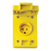20 Amp, 125 Volt, Narrow Body Single Receptacle, Straight Blade, Industrial Grade, Grounding, Wetguard Flip Lid, Yellow