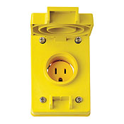 15 Amp, 125 Volt, Narrow Body Single Receptacle, Straight Blade, Industrial Grade, Grounding, Wetguard Flip Lid, Yellow