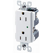 15 Amp, 125 Volt, NEMA 5-15R, 2P, 3W, Decora Plus Duplex Receptacle, Straight Blade, Industrial Grade, Self Grounding, Surge w/ Indicator Light, Back & Side Wired, Steel Strap, - Light Almond