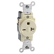 20 Amp, 250 Volt, NEMA 6-20R, 2P, 3W, Narrow Body Single Receptacle, Straight Blade, Commercial Grade, Grounding, , , Back & Side Wired, Steel Strap, - Ivory
