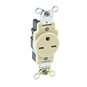 15 Amp, 250 Volt, NEMA 6-15R, 2P, 3W, Industrial Series Heavy Duty Specification Grade, Single Receptacle, Straight Blade, Self Grounding, Back & Side Wired, Steel Strap - IVORY