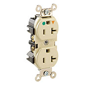 20 Amp, 125 Volt, NEMA 5-20R, 2P, 3W, Narrow Body Duplex Receptacle, Straight Blade, Hospital Grade, Isolated Ground, Nickel Plated Brass Strap, Gray