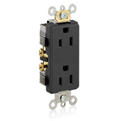 15 Amp, 125 Volt, NEMA 5-15R, 2P, 3W, Decora Plus Duplex Receptacle, Straight Blade, Commercial Grade, Self Grounding, , , Side Wired, Steel Strap, - BLACK