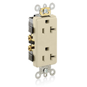 20 Amp, 125 Volt, NEMA 5-20R, 2P, 3W, Decora Plus Duplex Receptacle, Straight Blade, Commercial Grade, Self Grounding, , , Back & Side Wired, Steel Strap, - Ivory