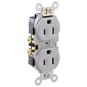 15-Amp, 125-Volt, Narrow Body Duplex Receptacle, Straight Blade, Commercial Grade, Self Grounding, Side Wired, Gray