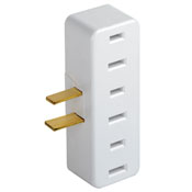 15 Amp, 125 Volt, 2-Pole, 2-wire, Non-Grounding, Single-to-triple Right Angle, 3 round or flat plugs accepted.  White