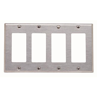 Product image for Leviton 84412-40 4-Gang Decora/GFCI Device Mount Standard Size 302 Stainless Steel Decora Wallplate