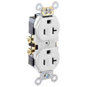 20 Amp, 125 Volt, NEMA 5-20R, 2P, 3W, Narrow Body Duplex Receptacle, Straight Blade, Commercial Grade, Self Grounding, , , Side Wired, Steel Strap, - White