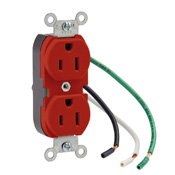 15 Amp, 125 Volt, NEMA 5-15R, 2P, 3W, Slim Body Duplex Receptacle, Straight Blade, Industrial Grade, Grounding, , Pigtail Leads 6 Inch Wired, Steel Strap, - Red