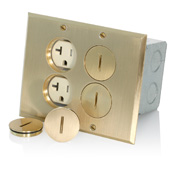 Floor Box Assembly, 2-gang, Includes Brass Floor Plate, Gasket (1),  Screw  Caps (4),  O - Ring (4), Electrical Box (1) And Ivory Tamper Resistant Duplex  Receptacles (2 - TBR20-I) 20A-125V, 2-pole, 3-wire, Grounding, Nema 5-20r.