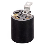 Incandescent Lampholder, Phenolic Pan, Medium Base, 660W-250V, Keyless Fixture Socket, Black, Pkd 10/ Leviton Large Box 100/ Carton Contractor Pack. With-Body Stamped UL, CSA Aluminum Screw Shell, Terminal Screws Out,single Leg Bracket, 59/64 Inch From Center Of Socket To Center Of Mounting Hole.
