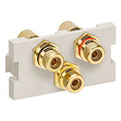 MOS Insert, 3-Port RCA Adapter, 1 unit high, light almond. Female-to-female connections with red, white, and yellow barrel colors.