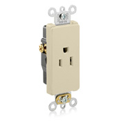 15 Amp, 125 Volt, NEMA 5-15R, 2P, 3W, Decora Plus Single Receptacle, Straight Blade, Commercial Grade, Self-Grounding, , , Side Wired, Steel Strap, - IVORY
