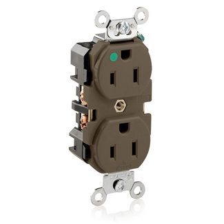 15 Amp, 125 Volt, NEMA 5-15R, 2P, 3W,Duplex Receptacle, Indented Face, Straight Blade, Fed Spec, Heavy Duty Hospital Grade, Self-Grounding, Back & Side Wired, Steel Strap – BROWN