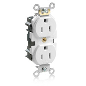 15 Amp, 125 Volt, Narrow Body Duplex Receptacle, Straight Blade, Fed Commercial Grade, Lev-Lok, Self Grounding, White