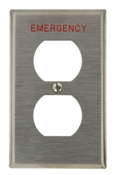 1-Gang Duplex Device Receptacle Wallplate, Device Mount, Engraved Emergency, Stainless Steel
