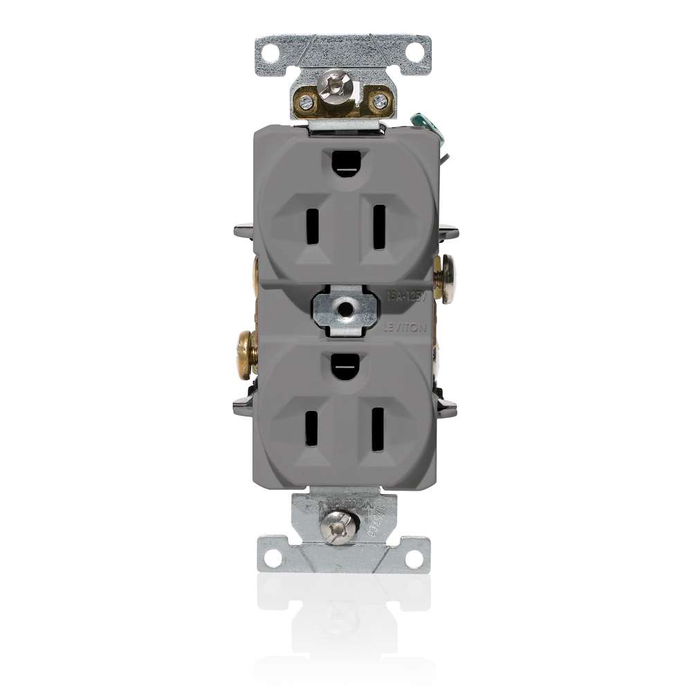15 Amp, 125 Volt, NEMA 5-15R, 2P, 3W, Duplex Receptacle, Indented Face, Straight Blade, Fed Spec, Heavy Duty Industrial Specification Grade, Self-Grounding, Back & Side Wired, Steel Strap – GRAY