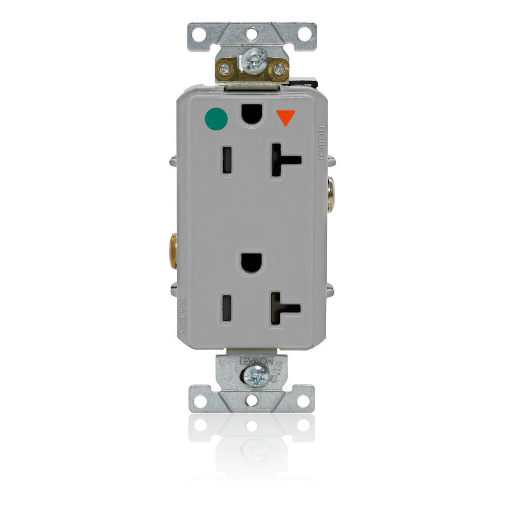 Decora Plus Isolated Ground Duplex Receptacle Outlet, Heavy-Duty Hospital Grade, Smooth Face, 20 Amp, 125 Volt, Back or Side Wire, NEMA 5-20R, 2-Pole, 3-Wire, Self-Grounding - Gray