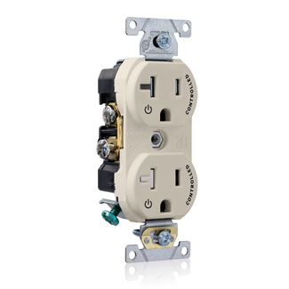 Tamper Resistant Duplex Receptacle, 2-Pole 3-Wire, NEMA 5-20R, 20A-125V, Light Almond, Back And Side Wired, Self Grounding, Triple-combination-head Screws, Commercial Spec Grade - 2 Plug Controlled Markings Universal Marking Orientation