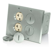 Floor Box Assembly, 2-gang, Includes Nickel-Plated Brass Floor Plate, Gasket (1),  Screw  Caps (4),  O - Ring (4), Electrical Box (1) And Ivory Tamper Resistant Duplex  Receptacles (2 - TBR20-I) 20A-125V, 2-pole, 3-wire, Grounding, Nema 5-20r.