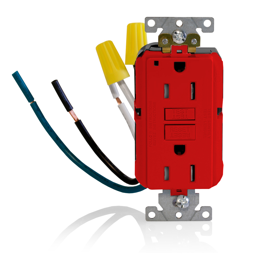 Self-Test, Leaded, Tamper Resistant, Fed-Spec Slim GFCI Receptacle, NEMA 5-15R 15A-125V @ Receptacle, 15A-125V Feed-through, Enclosed Terminals,  Lighted, Red, W/Red Test And Reset Button.