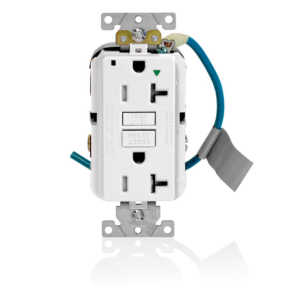 Self-Test, Isolated Ground, Tamper Resistant, Fed-Spec Slim GFCI Receptacle. NEMA 5-20R 20A-125V @ Receptacle, 20A-125V Feed-through, Lighted, White, W/Whiten Test And Reset Button, With Mounting Screws, Washers, Instruction Sheets,