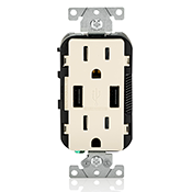 Combination Duplex Decora Receptacle And Usb Charger. 15a-125v  2 Pole, 3-wire Grounding Decora Tamper Resistant Receptacle. Self Grounding Clip-Light Almond