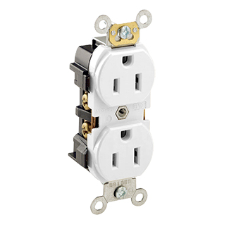 15 Amp, 125 Volt, Industrial Series Heavy Duty Specification Grade, Duplex Receptacle, Straight Blade, Self Grounding, White