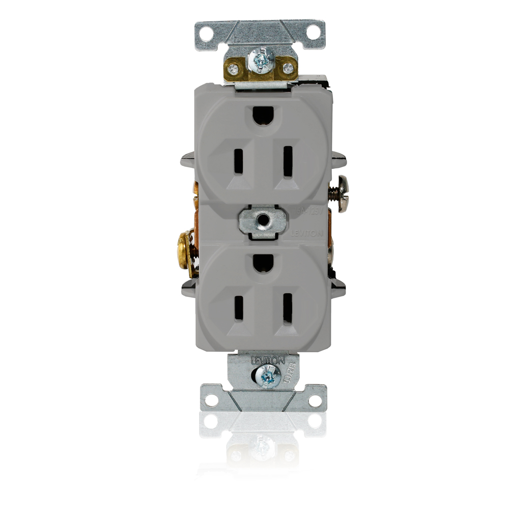Duplex Receptacle Outlet, Heavy-Duty Industrial Specification Grade, Indented Face, 15 Amp, 125 Volt, Back or Side Wire, NEMA 5-15R, 2-Pole, 3-Wire, Self-Grounding -  Gray
