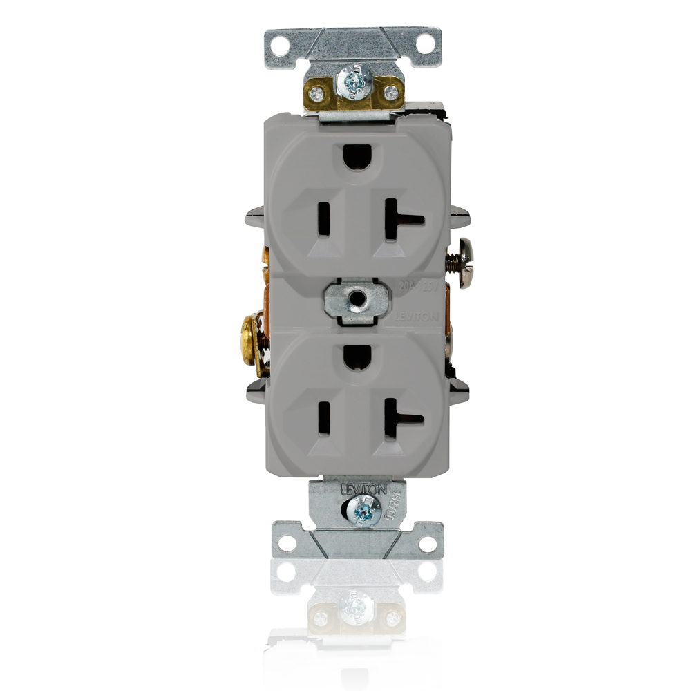 Duplex Receptacle Outlet, Heavy-Duty Industrial Specification Grade, Indented Face, 20 Amp, 125 Volt, Back or Side Wire, NEMA 5-20R, 2-Pole, 3-Wire, Self-Grounding -  Gray