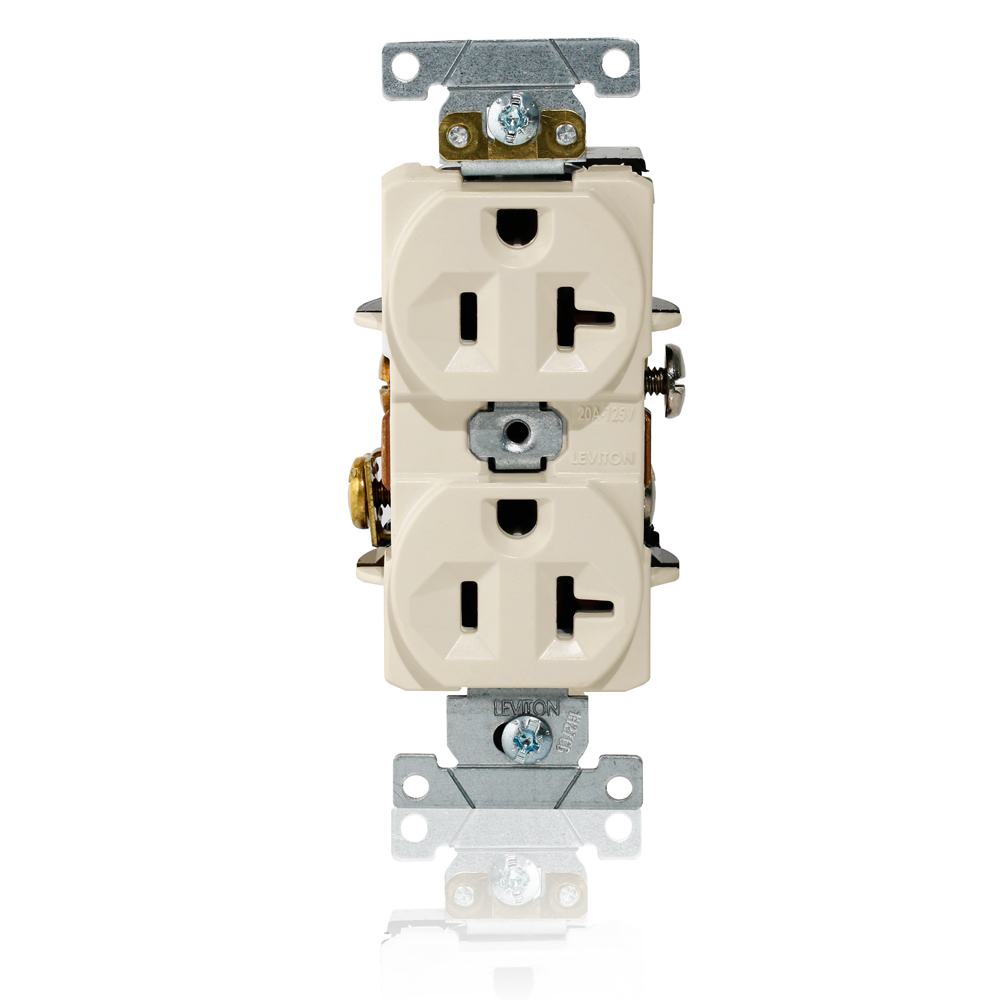 Duplex Receptacle Outlet, Heavy-Duty Industrial Specification Grade, Indented Face, 20 Amp, 125 Volt, Back or Side Wire, NEMA 5-20R, 2-Pole, 3-Wire, Self-Grounding -  Light Almond