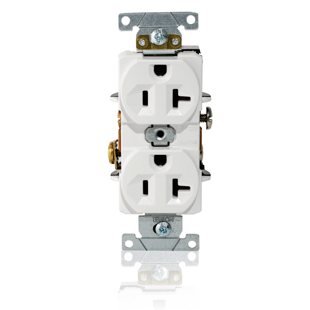 Duplex Receptacle Outlet, Heavy-Duty Industrial Specification Grade, Indented Face, 20 Amp, 125 Volt, Back or Side Wire, NEMA 5-20R, 2-Pole, 3-Wire, Self-Grounding -  White