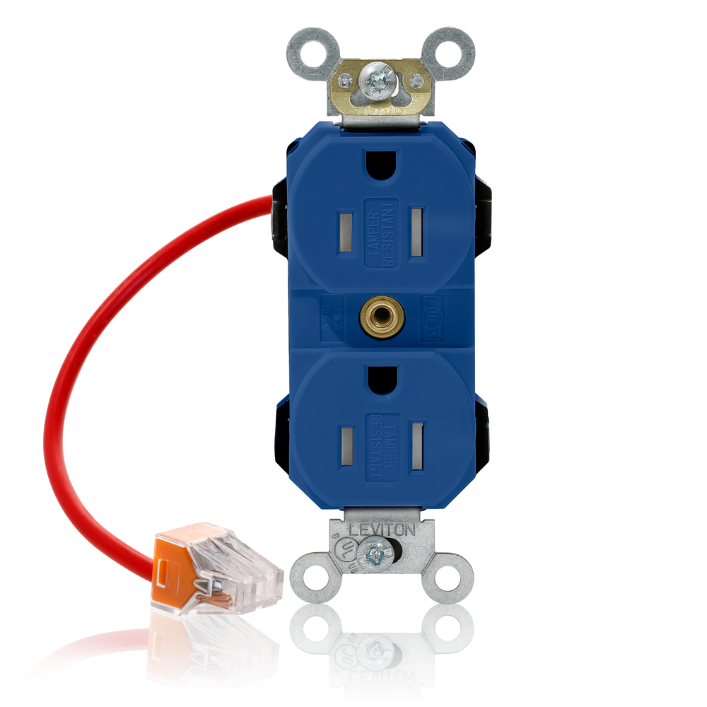 15 Amp, 125 Volt, NEMA 5-15R, 2P, 3W, Lev-Lok® Duplex Receptacle, Straight Blade, Fed Spec, Heavy Duty Industrial Specification Grade, Self-Grounding, Tamper-Resistant, Modular Terminals, Steel Strap - BLUE