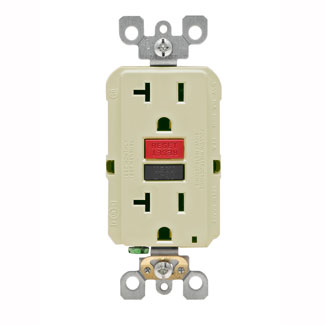 20 Amp, 125 Volt Receptacle/Outlet, 20 Amp Feed-Through, Self-test SmartLock Pro Slim GFCI, black test button and red reset button, Residential/Commercial applications, back and side wired, heavy duty, wallplate/faceplate and self grounding clip included - Ivory