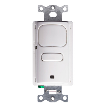 24V Passive Infrared (PIR) Wall Switch Sensor. Occupancy (auto-on) and Vacancy (manual-on) operating modes, 1 relay mode for single-level switching, 1,000 square-foot, 180 degree coverage. 120/277VAC, 50/60Hz, no minimum load requirement, zero arc point switching. Title 24 and IECC and ASHRAE 90.1 Compliant. UL and cUL Listed. Color: White