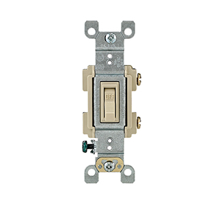 Switch Framed Toggle, Single Pole, Quiet Switch, 15A-120V AC, Residential Grade, Quickwire and Side-Wired, Terminal Clamps, Grounding Clip, Ground Screw, Color: Ivory