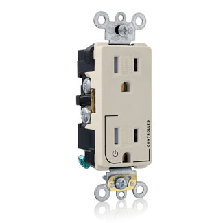 Tamper Resistant Decora Duplex Receptacle, 2-pole 3-wire, NEMA 5-15R, 15A-125V, Light Almond, Back And Side Wired, Self Grounding, Triple-combination-head Screws, Commercial Spec Grade - Hot Terminal Split W/1 Plug Controlled Markings Universal Marking Orientation