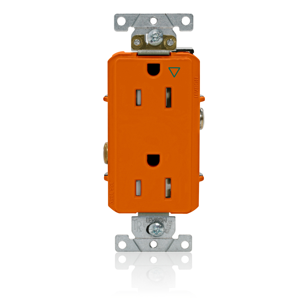 Decora Plus Duplex Receptacle, Tamper-Resistant, Isolated Ground, 2-Pole 3-Wire Grounding, NEMA 5-15R, 15A-125V   Back And Side Wired, Orange.  1-piece Ground.