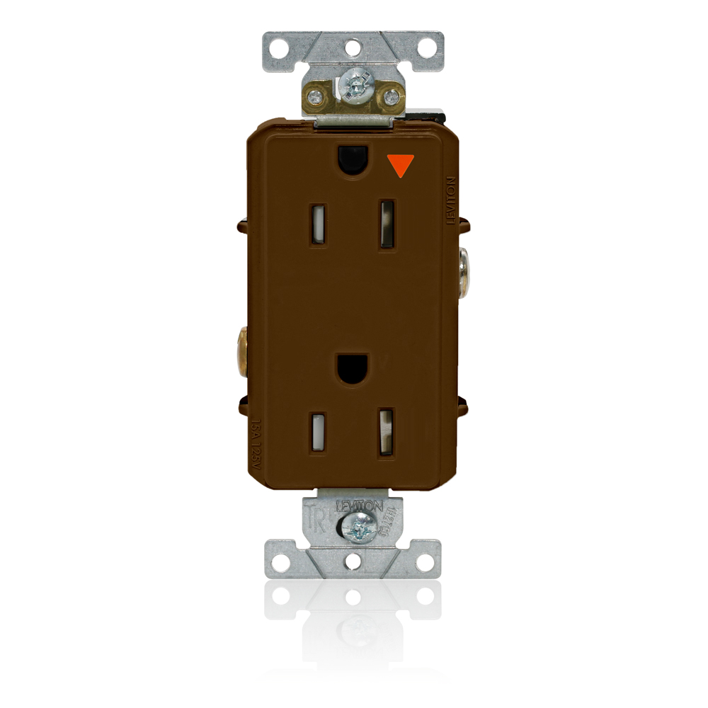 Decora Plus Duplex Receptacle, Tamper-Resistant, Isolated Ground, 2-Pole 3-Wire Grounding, NEMA 5-15R, 15A-125V   Back And Side Wired, Brown.  1-piece Ground.