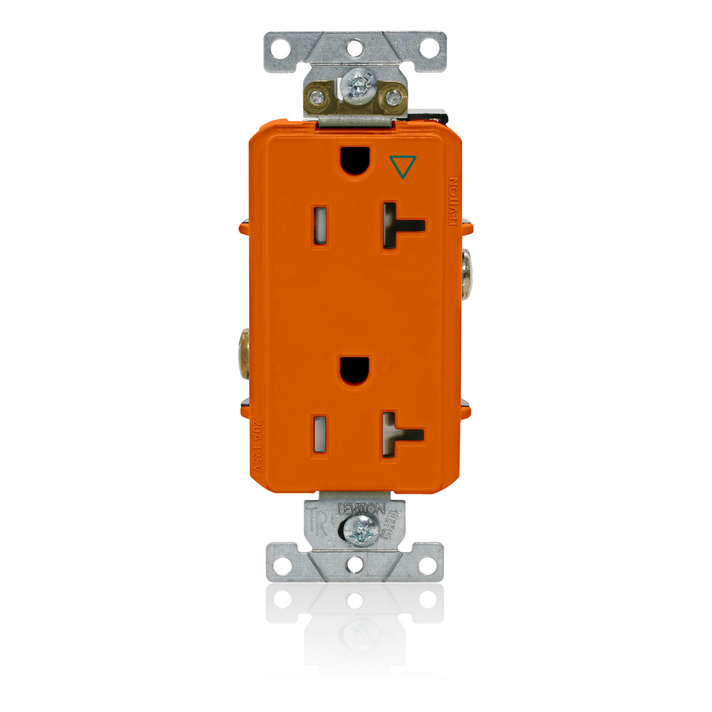 Decora Plus Duplex Receptacle, Tamper-Resistant, Isolated Ground, 2-Pole 3-Wire Grounding, NEMA 5-20R, 20A-125V   Back And Side Wired, Orange.  1-piece Ground.