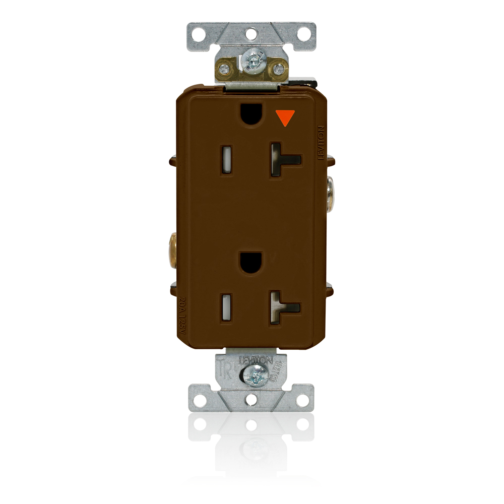Decora Plus Duplex Receptacle, Tamper-Resistant, Isolated Ground, 2-Pole 3-Wire Grounding, NEMA 5-20R, 20A-125V   Back And Side Wired, Brown.  1-piece Ground.
