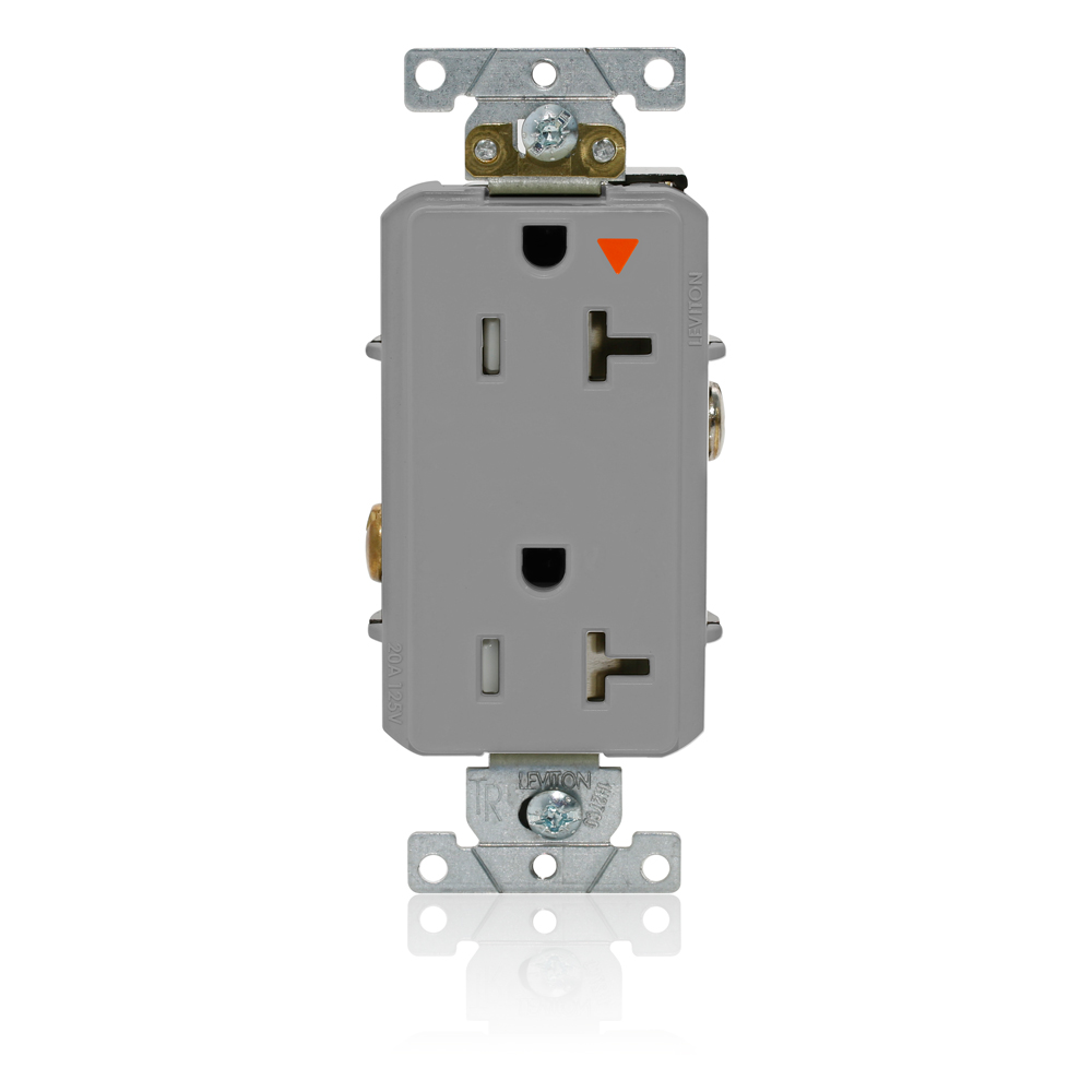 Decora Plus Duplex Receptacle, Tamper-Resistant, Isolated Ground, 2-Pole 3-Wire Grounding, NEMA 5-20R, 20A-125V   Back And Side Wired, Gray.  1-piece Ground.
