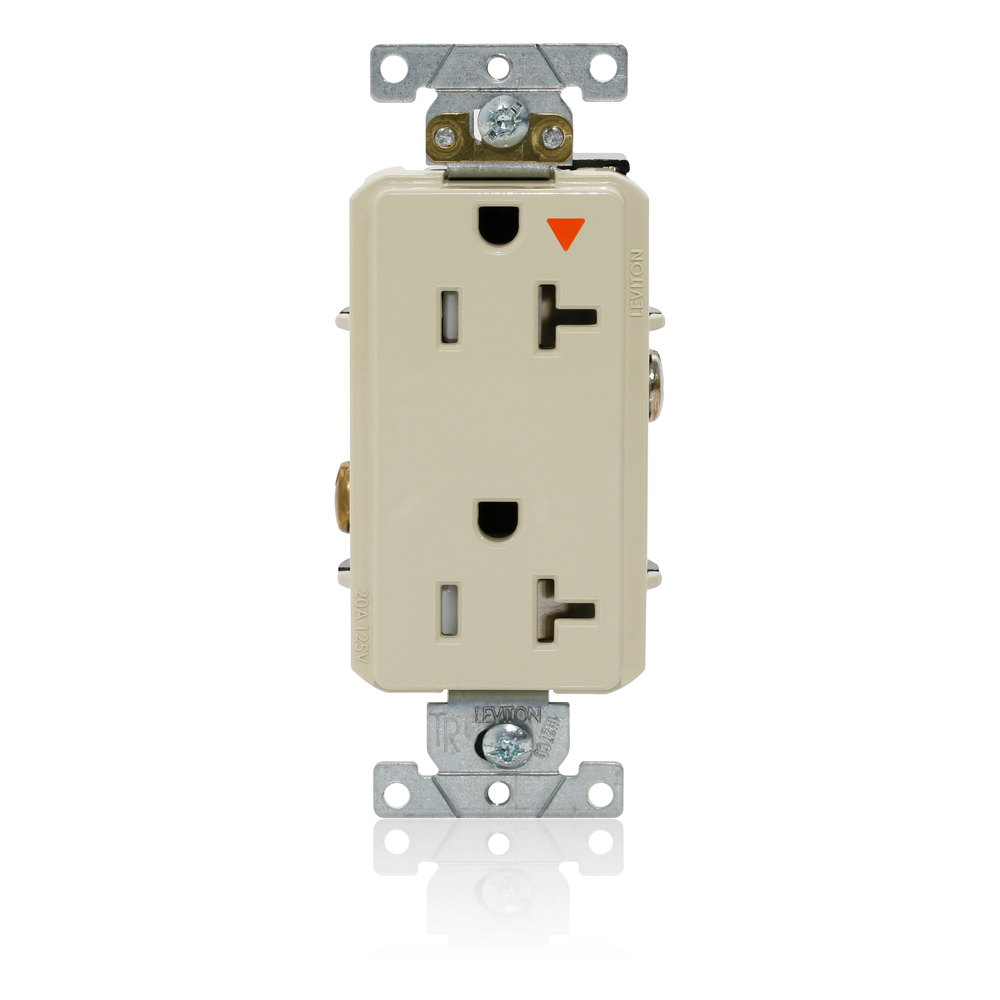 Decora Plus Duplex Receptacle, Tamper-Resistant, Isolated Ground, 2-Pole 3-Wire Grounding, NEMA 5-20R, 20A-125V   Back And Side Wired, Ivory.  1-piece Ground.