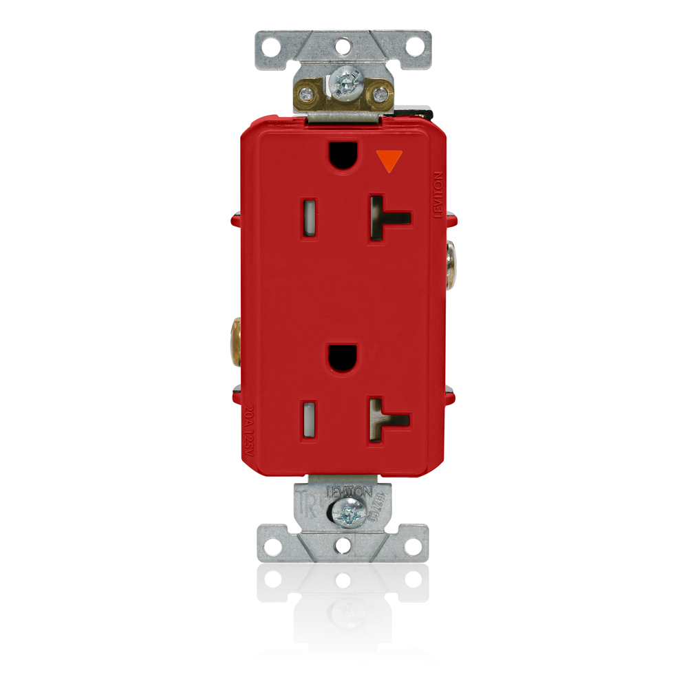 Decora Plus Duplex Receptacle, Tamper-Resistant, Isolated Ground, 2-Pole 3-Wire Grounding, NEMA 5-20R, 20A-125V   Back And Side Wired, Red.  1-piece Ground.