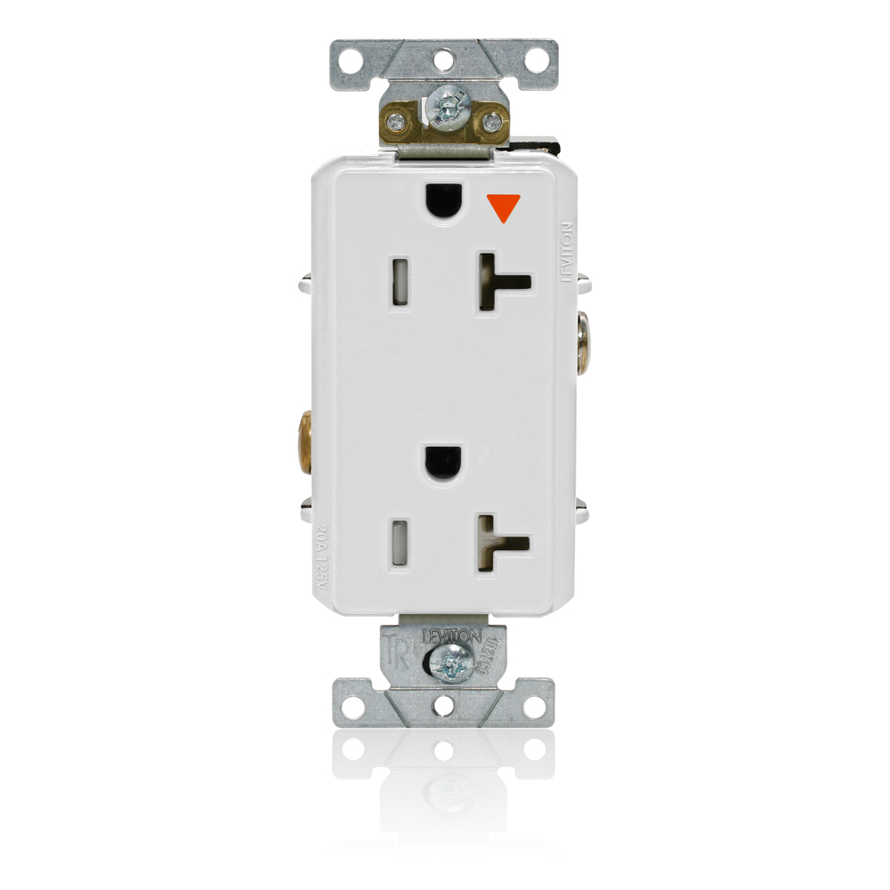 Decora Plus Duplex Receptacle, Tamper-Resistant, Isolated Ground, 2-Pole 3-Wire Grounding, NEMA 5-20R, 20A-125V   Back And Side Wired, White.  1-piece Ground.